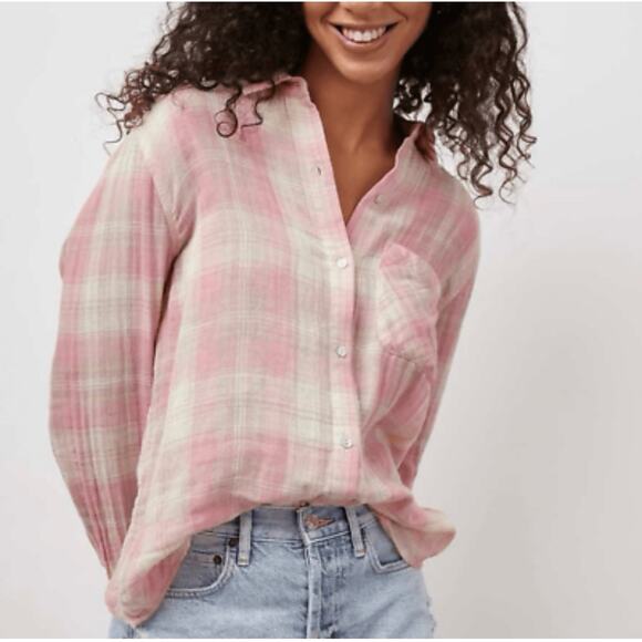 Rails Ellis Rose Sand Ivory Buttoned Down Shirt Sz S Organic Cotton Pink Plaid - Picture 1 of 14